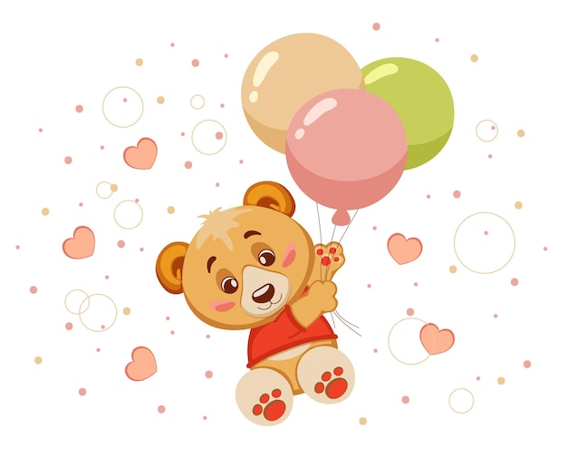 Vector globos voladores de oso de peluche lindo pintado sobre fondo de puntos y corazones rosas