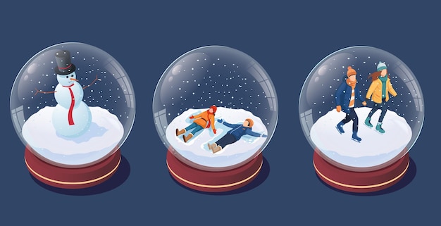 Globus de nieve con escenas de invierno y personajes en esferas de vidrio ilustración vectorial