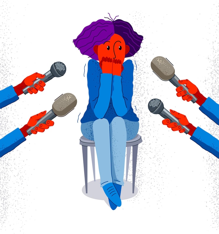 Vector glossophobia miedo al discurso público vector ilustración niña rodeada de micrófonos asustada en ataque de pánico psicología concepto de salud mental