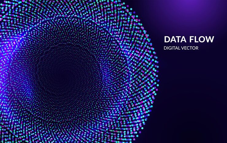 Vector glowing data stream wave with abstract circular motion concept of big data processing data flow and data visualization for digital design