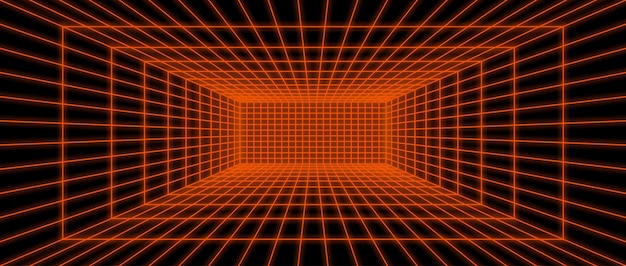 Glowing neón marco de alambre de la habitación pisos techo pared fondo sala de cuadrícula roja en perspectiva retro brillante