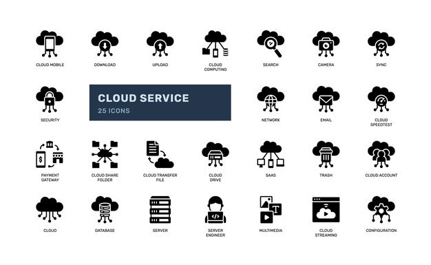 Glyph Cloud Service Icon Set with Data Hosting and Network Tools