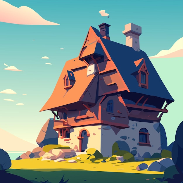 Gnome casa rústica de madera mundo de fantasía paisaje dibujado a mano plano icono de pegatina de dibujos animados elegante