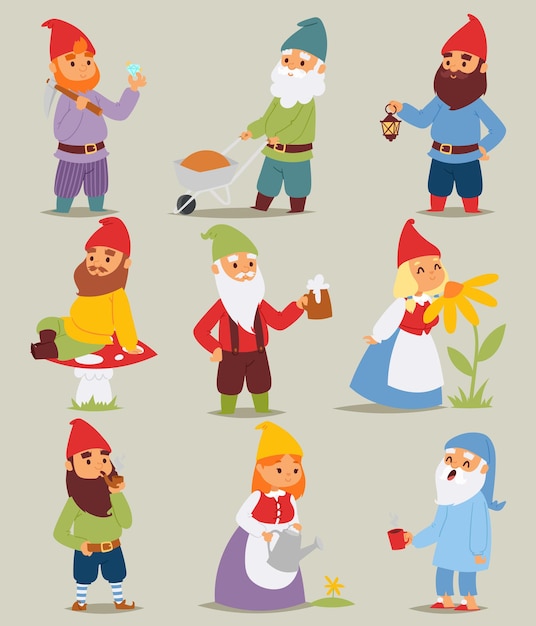 Gnome garden set divertidos personajes pequeños cuento de hadas lindo enano hombre y mujer en gorra vector de dibujos animados ...