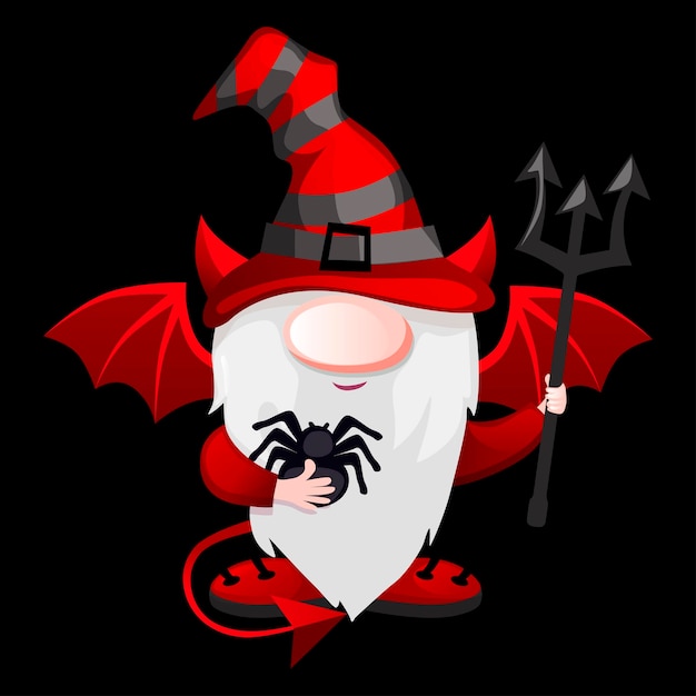 Gnomo del diablo de dibujos animados con el tridente del diablo personaje de duende de Halloween