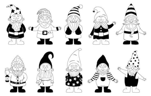 Gnomo dibujos animados enano nórdico divertido elfos de vacaciones escandinavos en blanco y negro con gestos de saludo conjunto de personajes felices de cuento de hadas hombres barbudos con sombreros agitan las manos juguete de jardín vectorial