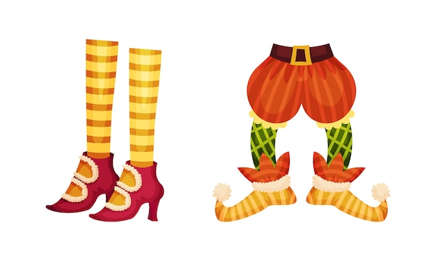 El gnomo elfo de Navidad o las piernas del duende con calcetines y botas divertidas establecen elementos de decoración navideña