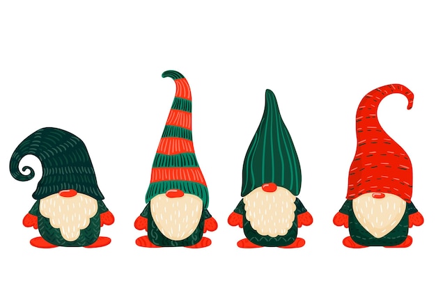 Gnomo de gnomos escandinavos de navidad en un sombrero de santa de año nuevo conjunto de dibujos animados planos dibujados a mano