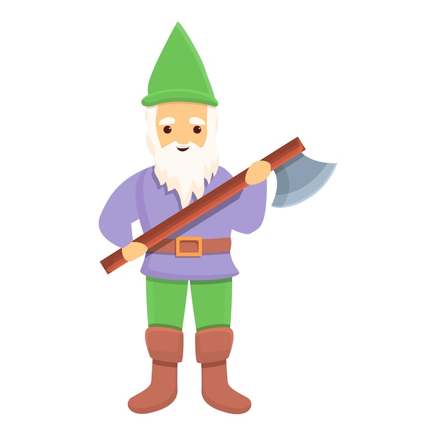 Gnomo de jardín con icono de hacha de batalla Caricatura de gnomo de jardín con icono de vector de hacha de batalla para diseño web aislado sobre fondo blanco