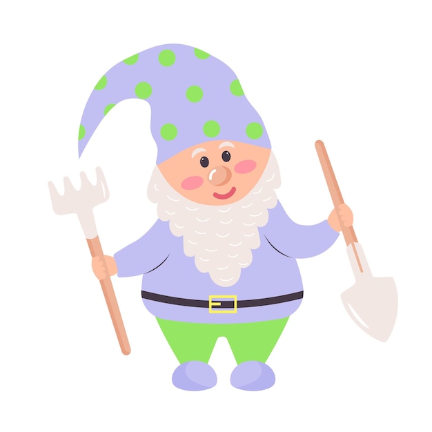 Gnomo de jardín con un rastrillo y una pala Personaje lindo de dibujos animados Concepto de primavera y jardinería