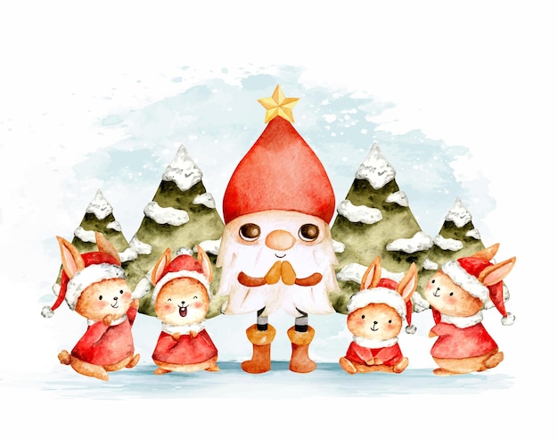 Gnomo de Navidad en acuarela con conejo y árbol de Navidad