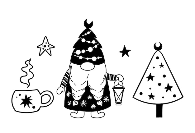 Vector gnomo de navidad dibujado a mano con árbol de navidad y regalo ilustración vectorial en blanco y negro