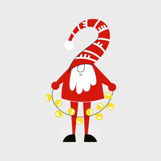 Gnomo de Navidad con guirnalda o Cute Dwarf con gorra roja en estilo nórdico escandinavo simple. Ilustración de dibujos animados de vector plano de invierno Noel o elfo de vacaciones para tarjeta de felicitación de Navidad con Santa