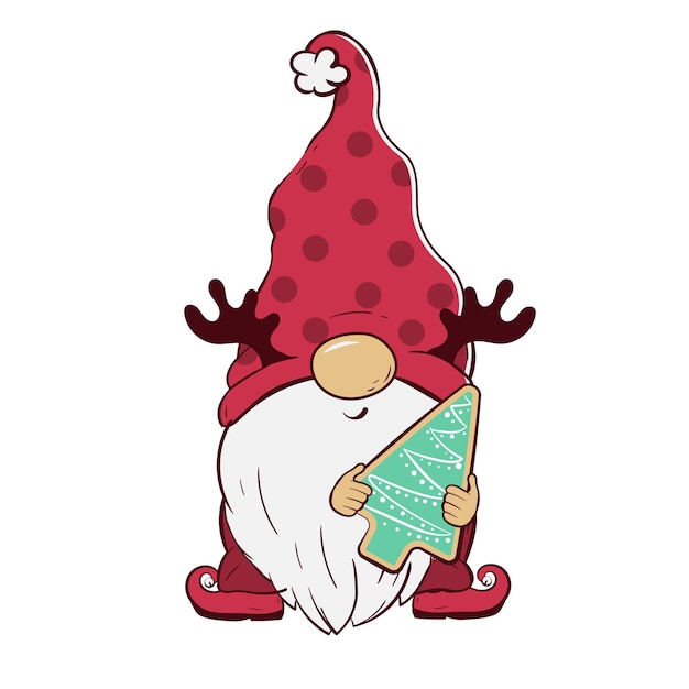 Vector el gnomo de navidad sostiene un árbol de pan de jengibre en forma de abeto ilustración vectorial de un personaje enano de dibujos animados