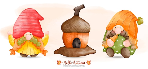 Gnomo de otoño gnomo de otoño gnomo casa otoño o otoño decoración animal ilustración acuarela