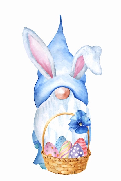 El gnomo de Pascua con orejas de conejo sostiene una cesta de huevos