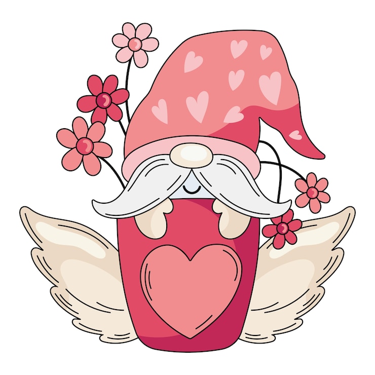 Vector gnomo de san valentín en el clipart vectorial de la maceta de la planta. ilustración de personaje de gnomo de dibujos animados