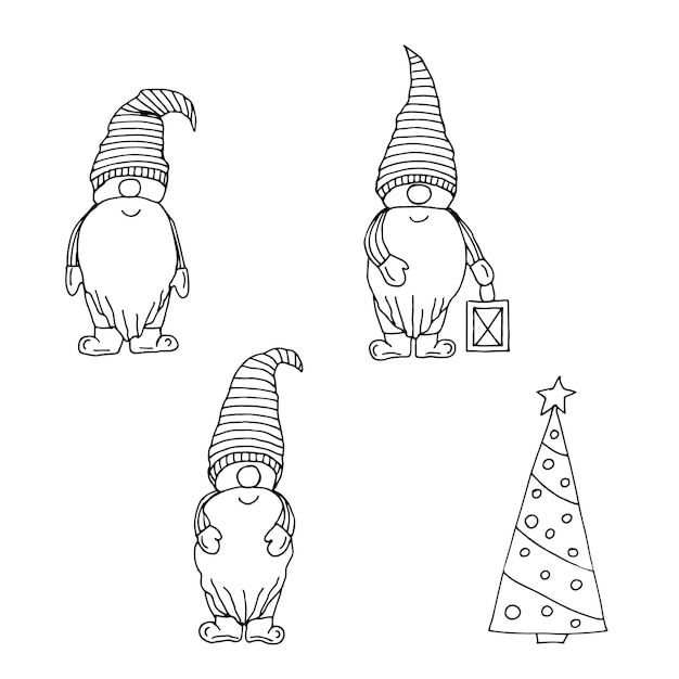 Gnomos y árbol de Navidad conjunto de ilustración vectorial dibujo a mano