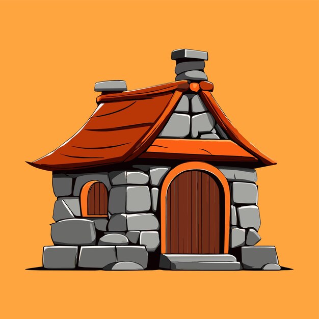 Vector gnomos casa rústica de madera mundo de fantasía paisaje dibujado a mano plano icono de pegatina de dibujos animados elegante