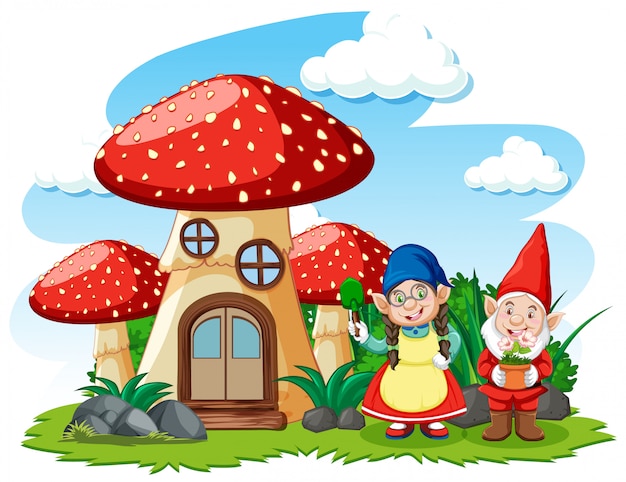Gnomos y estilo de dibujos animados de la casa de setas sobre fondo blanco.