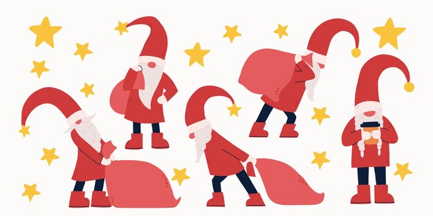 Con gnomos y estrellas de colores planos. Navidad. gnomos con bolsas de regalo. Ilustración de vector dibujado a mano.