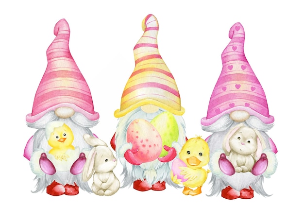 Gnomos, huevos, conejo, pollo. Clipart de acuarela, sobre un fondo aislado, en un estilo de dibujos animados. Ilustración de saludo para las vacaciones de Pascua.