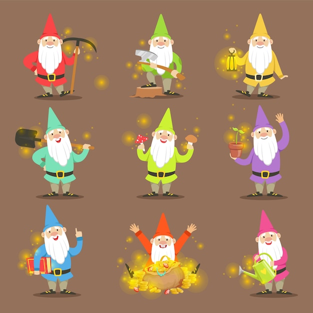 Vector gnomos de jardín clásicos en trajes coloridos conjunto de personajes de dibujos animados situaciones diferentes