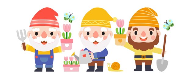 Vector gnomos de jardín y dibujos animados de mujeres jardinería y primavera colección de herramientas y decoración de jardín