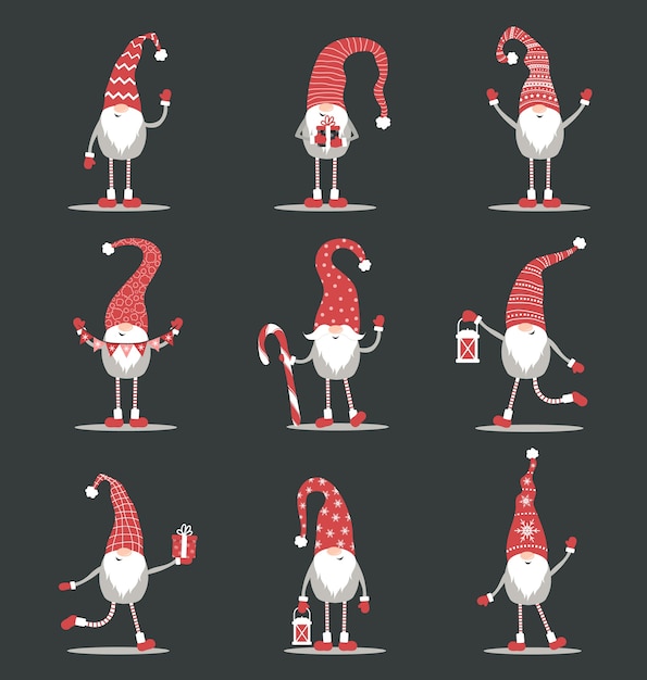 Gnomos lindos con sombreros rojos de santa sobre fondo negro. Elfos navideños escandinavos.