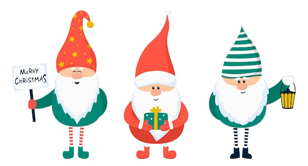 Gnomos de Navidad de dibujos animados. Duende con linterna, regalo y cartel. ilustración vectorial plana