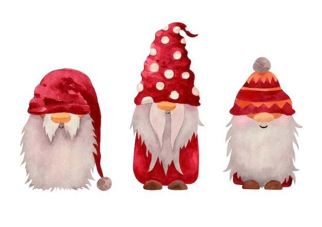 Gnomos nórdicos navideños de acuarela en tela roja