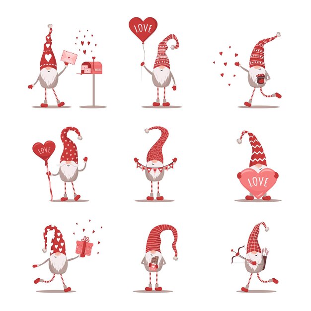 Gnomos de San Valentín en la ilustración de sombrero rojo