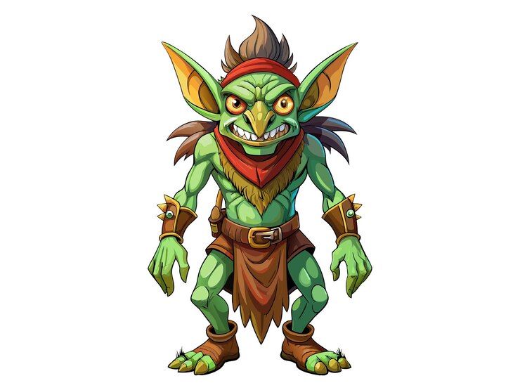 Vector goblin verde en un estilo de dibujos animados aislado sobre un fondo blanco concepto de halloween personaje de fantasía troll criatura mítica obra de arte lúdica ilustración caprichosa elemento de diseño de impresión