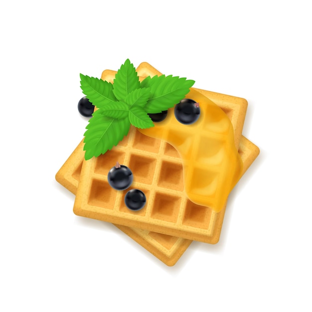 Gofre belga 3d detallado y realista con bayas frescas y hojas verdes Ilustración vectorial de menta de postre dulce