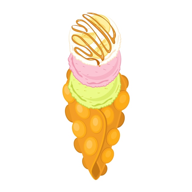 Vector gofre de helado triple gofre de burbujas con bola de helado rosa, verde y vainilla cobertura de caramelo