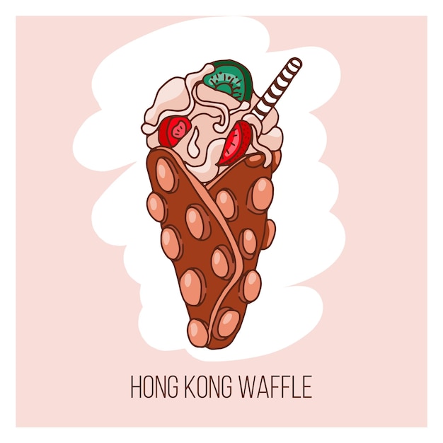 Gofre de Hong Kong con caramelo, helado y frutos rojos. Vector de comida rápida, dibujado a mano