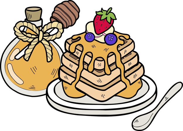 Gofres de miel dibujados a mano con ilustración de fresas