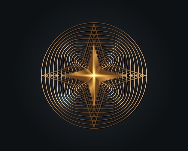 Gold 3d four point star, golden circle elegant vector logo design, plantilla de logotipo decorativo de belleza