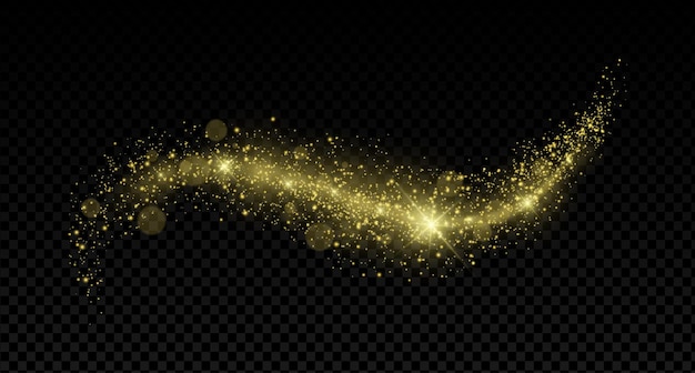 Gold glitter star dust swirl with magical light trail and glowing particles shiny abstract wave