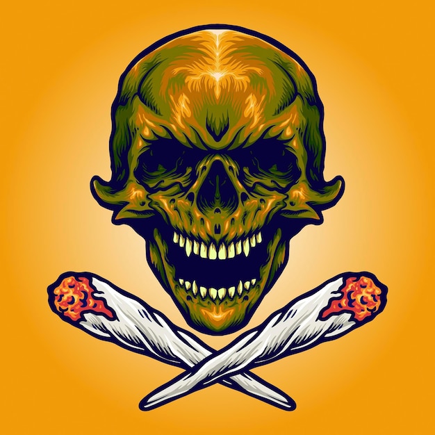 Gold Skull Smoking Marijuana Ilustraciones vectoriales para su trabajo Logotipo, camiseta de mercancía de mascota, pegatinas y diseños de etiquetas, carteles, tarjetas de felicitación que publicitan empresas comerciales o marcas.