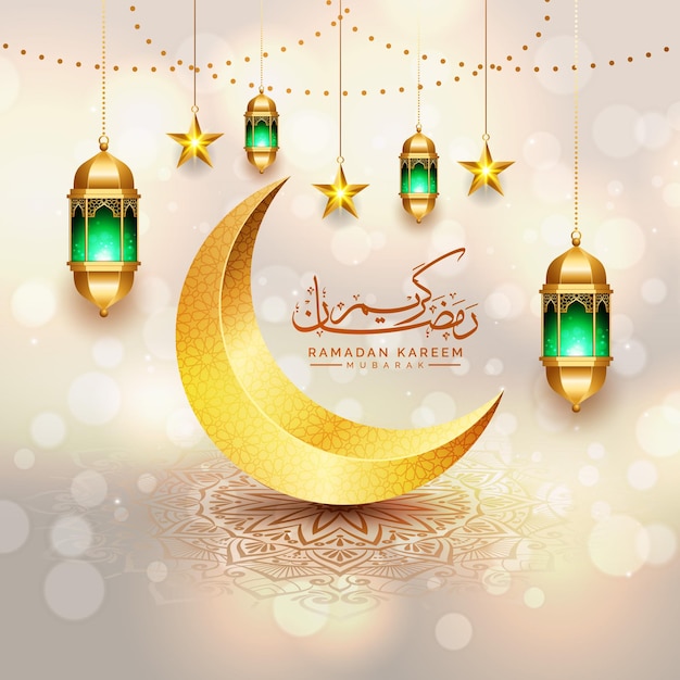 golden 3d ramadan linterna luna creciente decorativo ramadhan saludos eid mubarak fondo banner