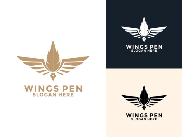 Golden Angel Autor o Escritor plantilla de diseño de logotipo Pluma de pluma con alas vector de diseño de Logotipo