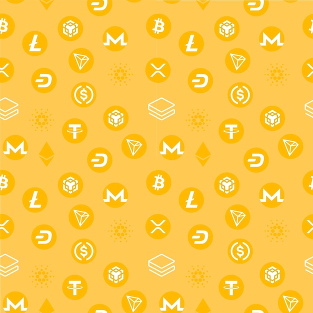 Golden background with cryptocurrency symbols in flat style