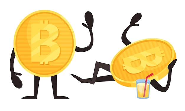 Golden Bitcoin personaje humanizado bebiendo jugo y agitando la mano conjunto vectorial