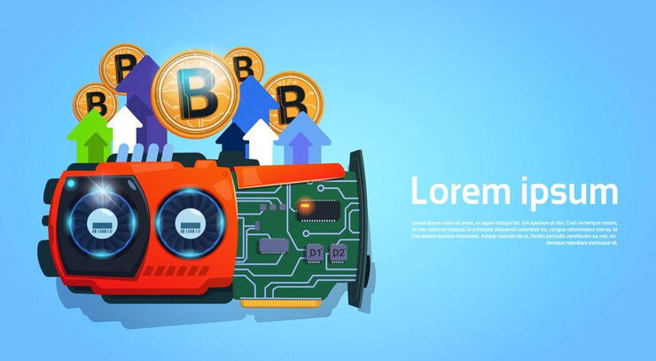 Vector golden bitcoins micro chip digital moneda moderna web dinero sobre fondo azul con espacio para tex