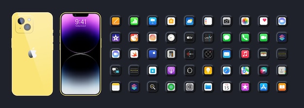Golden Iphone 15 Maqueta de Apple Interfaz de Apple Aplicaciones de Apple Botón del logotipo de Apple Historial de notas del calendario Menú principal Concepto de diseño de pantalla de llamada de IOS Ilustración de vector editorial Neomorfismo