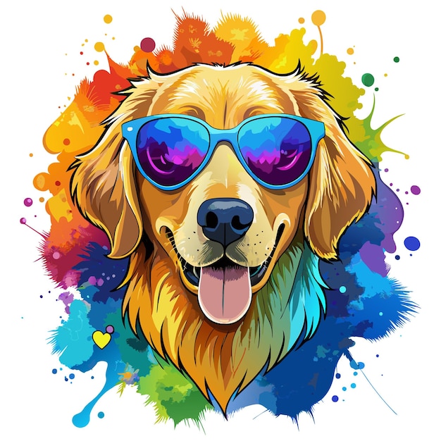 Golden Retriever con gafas de sol acuarela vibrante para camiseta y libro de cuentos