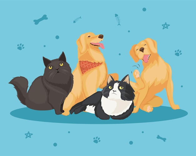 Vector golden retrievers y gatos