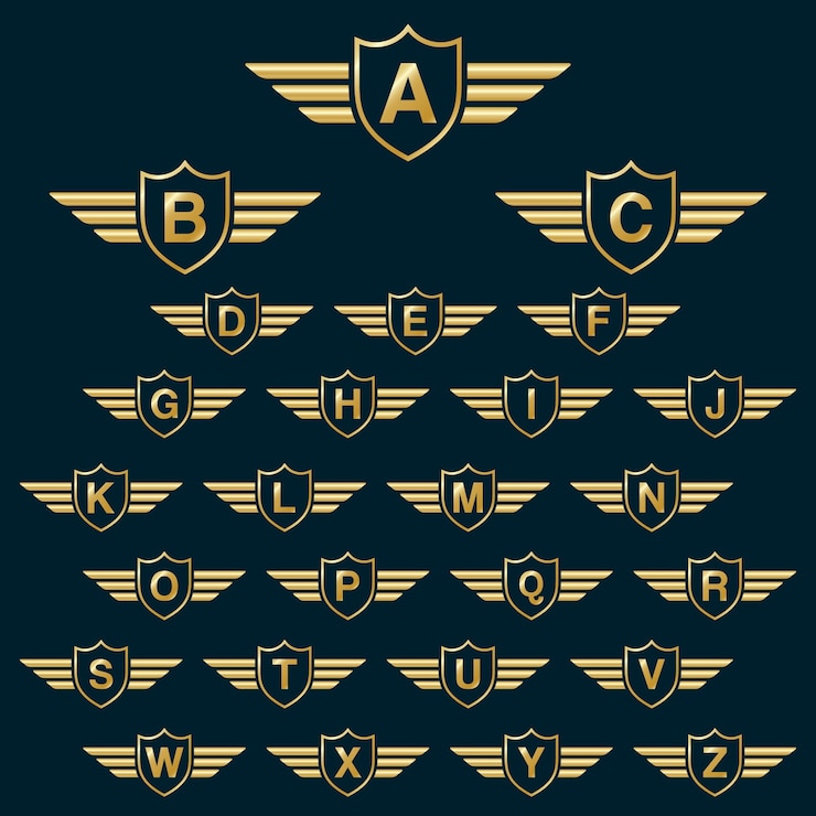 Golden Shield gana con el icono de logotipo de letras del alfabeto capital con letras del alfabeto de mayúsculas. Elementos de plantilla de diseño Golden Badge Design - Letra A a Z.