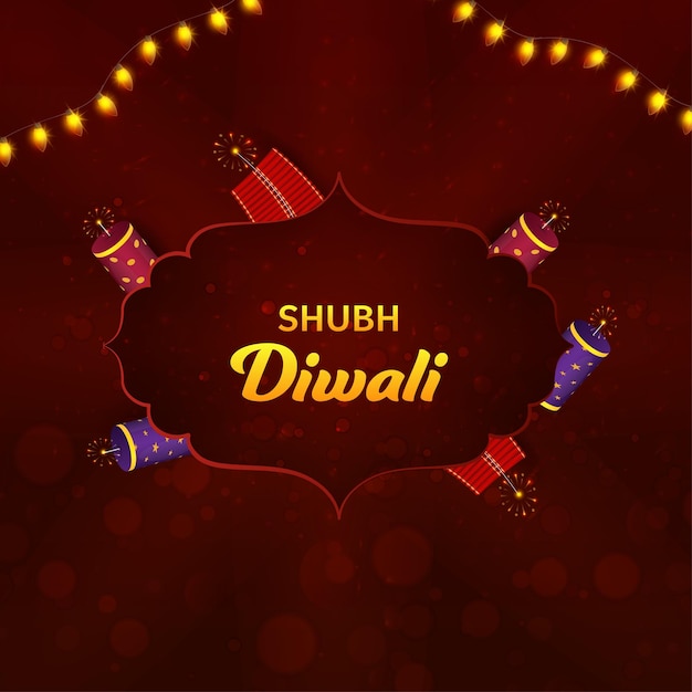 Golden shubh happy diwali font over vintage frame con firecracker y lighting garland decorado sobre fondo rojo oscuro bokeh blur